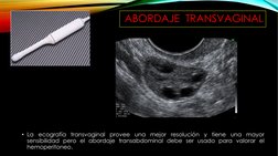 ABORDAJE  TRANSVAGINAL
• La
ecografía
transvaginal
provee
una
mejor
resolución
y
tiene
una
mayor
sensibilidad pero el abordaj