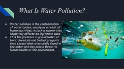 What Is Water Pollution?
●
Water pollution is the contamination 
of water bodies, usually as a result of 
human activities, i