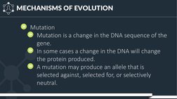 MECHANISMS OF EVOLUTION
Mutation
Mutation is a change in the DNA sequence of the 
gene.
In some cases a change in the DNA wil