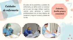 Cuidados 
de enfermería

El cuidar de los pacientes o cuidados de
enfermería, se define como un accionar
por el cual nos exig