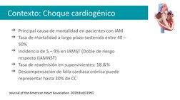 Contexto: Choque cardiogénico
➔Principal causa de mortalidad en pacientes con IAM
➔Tasa de mortalidad a largo plazo sosten