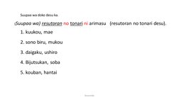 Suupaa wa doko desu ka.
(Suupaa wa) resutoran no tonari ni arimasu (resutoran no tonari desu).
1. kuukou, mae
2. sono biru, m