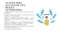 CLAVES PARA 
ALCANZAR UNA 
BUENA 
AUTOESTIMA:
La autoestima consiste en valorar y reconocer lo que uno/a es y lo que 
puede l