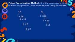2. Prime Factorization Method. It is the process of writing 
a number as a product of its prime factors using factor tree.