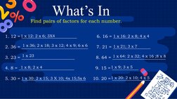 What’s In
1. 12 = _________________________              6. 16 = _______________
2. 36 = ______________________________