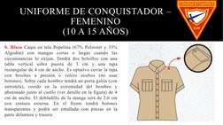 UNIFORME DE CONQUISTADOR – 
FEMENINO
(10 A 15 AÑOS)
b. Blusa Caqui en tela Popelina (67% Poliester y 33% 
Algodón) con mangas
