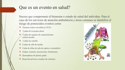 Que es un evento en salud?
Suceso que compromete el bienestar o estado de salud del individuo. Para el 
caso de los servicios