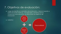 7. Objetivos de evaluación: 
Luego de identificar la temática de evaluación, y tener el soporte a 
partir de fuentes teórica