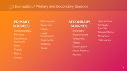 Examples of Primary and Secondary Sources
PRIMARY 
SOURCES:
Autobiography 
Memoirs
Eyewitness 
Accounts
Diary
Fossils
Relics