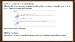 Jinja Tutorial Sql Introduction to Data Build Tool (DBT) | PDF | Sql | Table (Database)