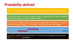 3
Probability defined
It is a measure of the likelihood of a random phenomenon or chance behavior.
The extent to which an eve