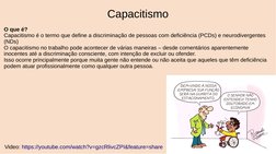 Capacitismo
O que é? 
Capacitismo é o termo que define a discriminação de pessoas com deficiência (PCDs) e neurodivergent