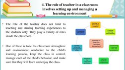 4. The role of teacher in a classroom 
involves setting up and managing a 
learning environment
• The role of the teacher doe