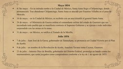 Mayo 1854
●
4-7de mayo. - En su retirada rumbo a la Ciudad de México, Santa Anna llega a Chilpancingo, donde 
permanecerá. Tr