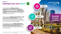Highlights por país: Brasil
O Brasil possui 2 cidades no Top 5 
ecossistemas mais valiosos da América 
Latina, São Paulo em 1