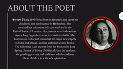 ABOUT THE POET
Anees Jung (1964) was born in Rourkela and spent her 
childhood and adolescence in Hyderabad. She
received her