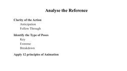 Analyse the Reference
Clarity of the Action
Anticipation
Follow Through
Identify the Type of Poses
Key
Extreme
Breakdown
Appl
