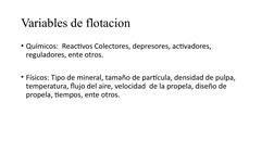 Variables de flotacion
• Químicos:  Reactivos Colectores, depresores, activadores, 
reguladores, ente otros.
• Físicos: Tipo
