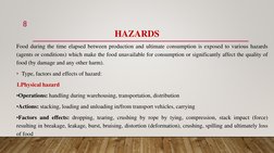 HAZARDS
Food during the time elapsed between production and ultimate consumption is exposed to various hazards
(agents or con