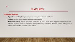 2.Mechanical hazard
• Operations: handling during packing, warehousing, transportation, distribution
• Actions: stacking, lif
