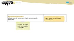 Modalidade apreciativa:
juízo de valor do locutor em relação ao conteúdo do 
enunciado.
Ex.: – Viajar com a leitura é 
maravi