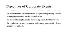Objectives of Corporate Events
• To educate staff or members of the public regarding various 
concepts promoted by the organi