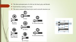 The three principal parts of a bolt are the head, grip, and threads
Each bolt has marking at its head.
The most common bol