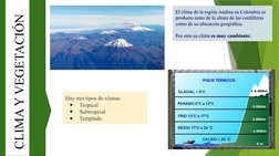 CLIMA Y VEGETACIÓN
El clima de la región Andina en Colombia es 
producto tanto de la altura de las cordilleras 
como de su u