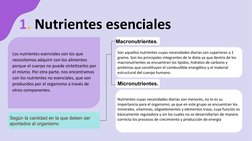 1. Nutrientes esenciales 
Los nutrientes esenciales son los que 
necesitamos adquirir con los alimentos 
porque el cuerpo no