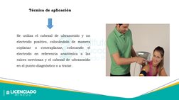 Técnica de aplicación
Se utiliza el cabezal de ultrasonido y un 
electrodo positivo, colocándolo de manera 
coplanar 
o 
cont