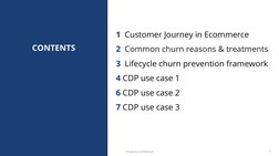 Private & Confidential
CONTENTS
1  Customer Journey in Ecommerce
2  Common churn reasons & treatments
3  Lifecycle churn prev