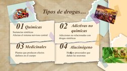 Tipos de drogas…
Medicinales
Plantas que producen efectos 
dañinos en el cuerpo
03
Químicas
Sustancias sintéticas
Afectan el
