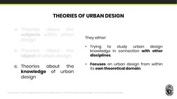 a. Theories
about
the
subjects within urban
design
b. Theories
about
the
object of urban design
c. Theories
about
the
knowled