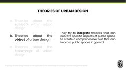 a. Theories
about
the
subjects within urban
design
b. Theories
about
the
object of urban design
c. Theories
about
the
knowled