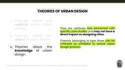 a. Theories
about
the
subjects within urban
design
b. Theories
about
the
object of urban design
c. Theories
about
the
knowled