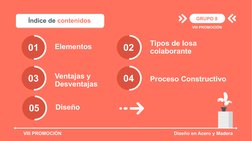 VIII PROMOCIÓN
Diseño en Acero y Madera
Elementos
01
Ventajas y 
Desventajas
Tipos de losa 
colaborante
Proceso Constructivo