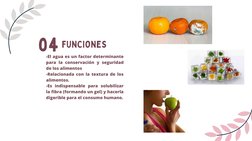 04
-El agua es un factor determinante
para la conservación y seguridad
de los alimentos
-Relacionada con la textura de los
al