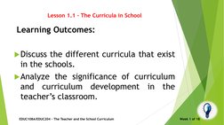 Lesson 1.1 – The Curricula in School
Learning Outcomes:
Discuss the different curricula that exist
in the schools.
Analyze