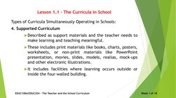 Lesson 1.1 – The Curricula in School
Types of Curricula Simultaneously Operating in Schools:
4. Supported Curriculum
Describ