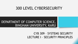 DEPARTMENT OF COMPUTER SCIENCE, 
BINGHAM UNIVERSITY, KARU
CYB 309 – SYSTEMS SECURITY 
LECTURE I – SECURITY PRINCIPLES 
300 LE