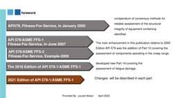 foreword
API579, Fitness-For-Service, in January 2000
API 579/ASME FFS-1
Fitness-For-Service, in June 2007
The 2016 Edition o