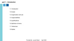 1.1 introduction 
1.2 scope 
1.3 organization and use
1.4 responsibilities
1.5 qualifications
1.6 definition of terms
1.7 ref