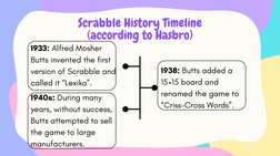 1933: Alfred Mosher
Butts invented the first
version of Scrabble and
called it “Lexiko”.
Scrabble History Timeline
(according