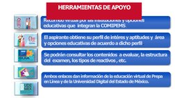 Recorrido virtual por las instituciones y opciones 
educativas que  integran la COMIPEMS.
El aspirante obtiene su perfil de i