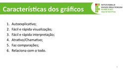 Características dos gráficos
1. Autoexplicativo;
2. Fácil e rápida visualização;
3. Fácil e rápida interpretação;
4. Atrativo