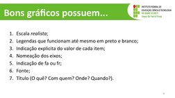 Bons gráficos possuem...
1. Escala realista;
2. Legendas que funcionam até mesmo em preto e branco;
3. Indicação explicita do
