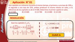 Aplicación  N
°
01  RESOLUCIÓNSean los capitales C
1 
y C
2y C2
𝐶1
3 = 𝐶2
2
𝐶1 = 𝟏𝟑𝟓𝟎𝟎Dos
ca
pi
tal
e s
se colocaron 