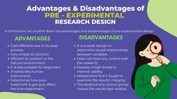 Advantages & Disadvantages of
PRE - EXPERIMENTAL 
RESEARCH DESIGN
In this section, let us point down the advantages and disad
