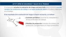 LEY N° 29783 DE SEGURIDAD Y SALUD EN EL TRABAJO
El empleador actualiza la evaluación de riesgos una vez al año como mínimo o