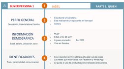 1 
2 
3 
4 
BUYER PERSONA 1 
PERFIL GENERAL 
Ocupación, historia laboral, familia  
INFORMACIÓN  
DEMOGRÁFICA 
Edad, salari